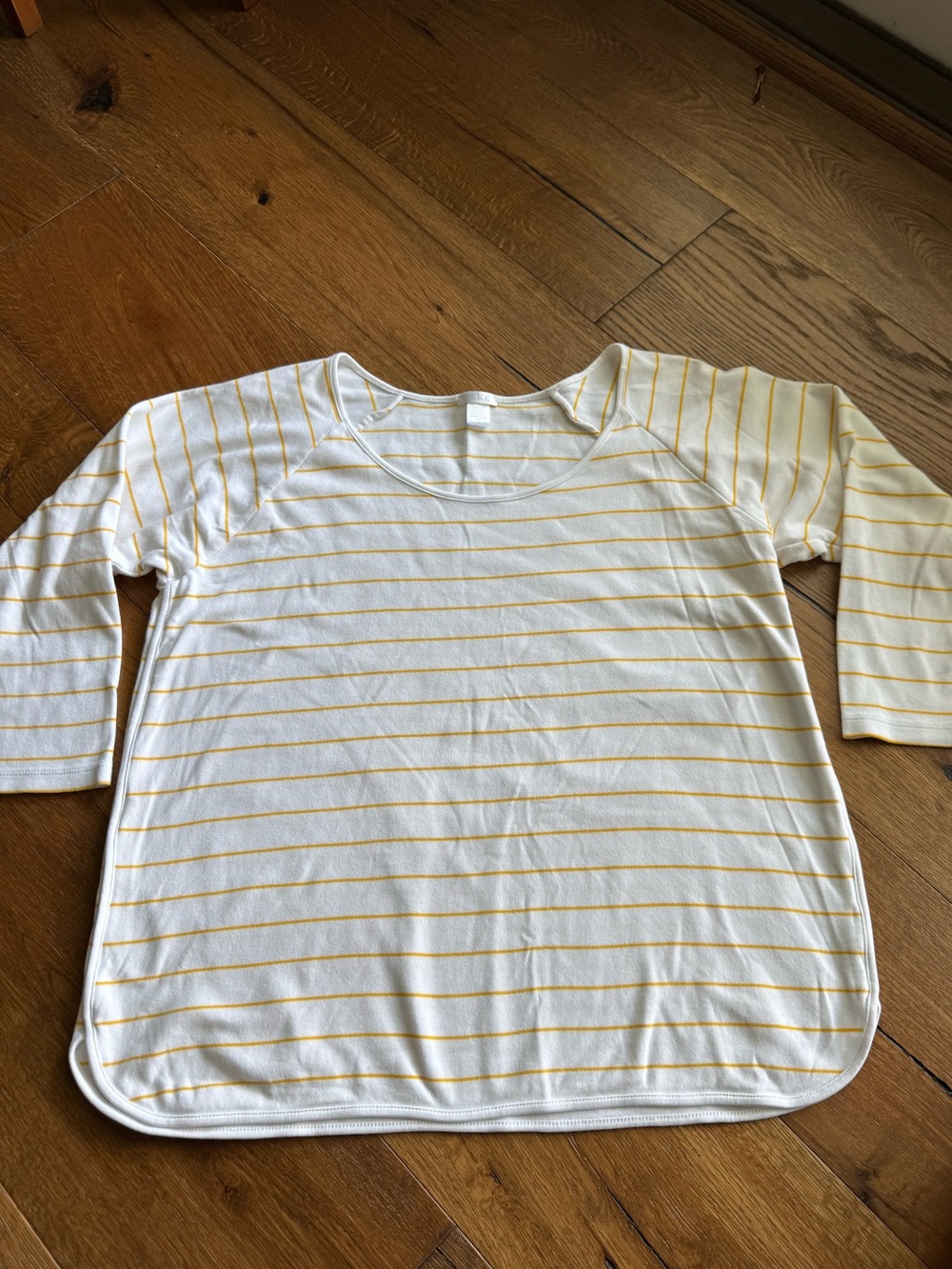 LAKE Women’s White & Yellow Striped Pajama Top 3/4 Sleeve Cozy Pima Cotton